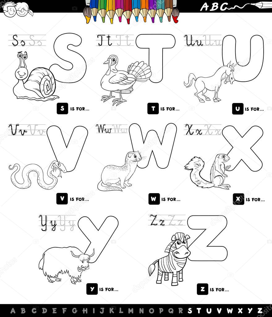 educational cartoon alphabet set for coloring