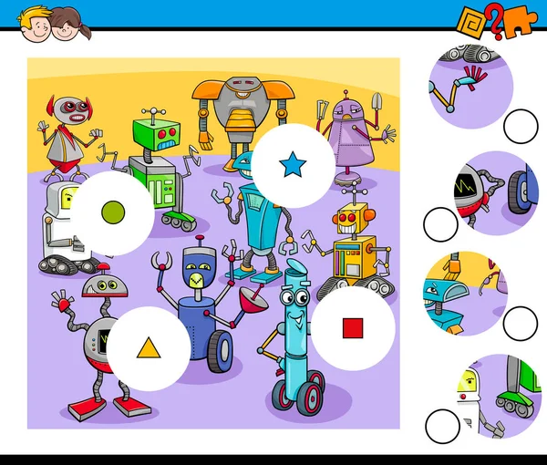 Juego de piezas rompecabezas con personajes robot — Vector de stock