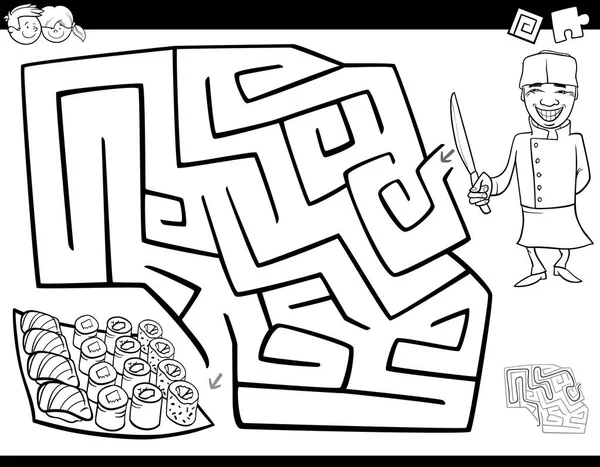 Jeu de labyrinthe livre à colorier avec chef et sushi — Image vectorielle