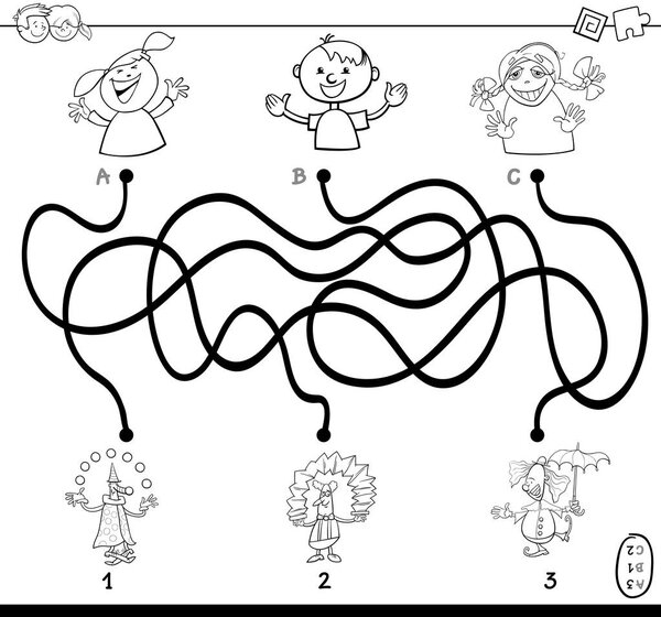 paths maze with clowns coloring book