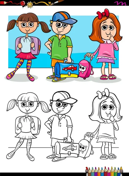 Niños alumnos personajes para colorear libro — Vector de stock