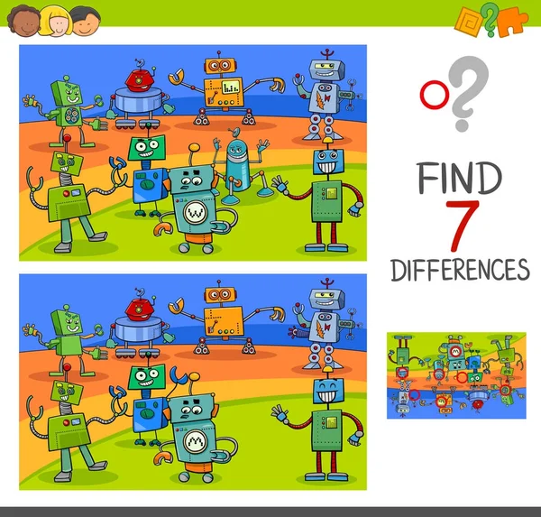 Juego de diferencias con personajes robot — Vector de stock