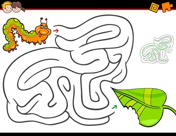 与毛虫和叶子的卡通迷宫活动 — 图库矢量图片