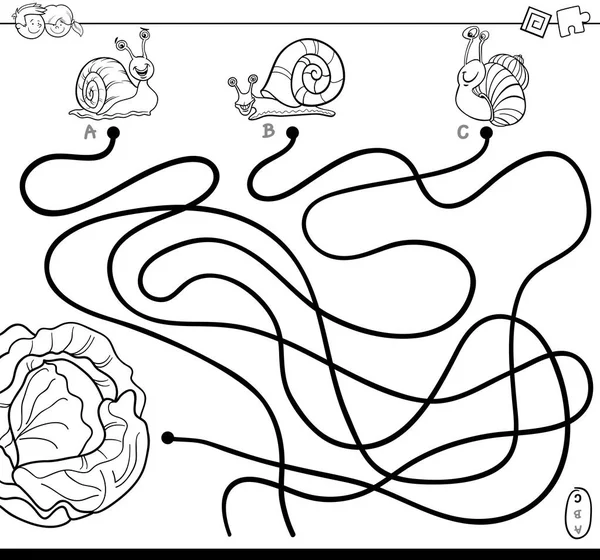 Paden doolhof met slakken en sla coloring boek — Stockvector