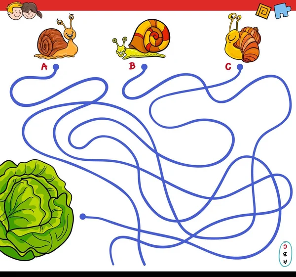 Cartoon paths maze game with snails and lettuce — Stock Vector