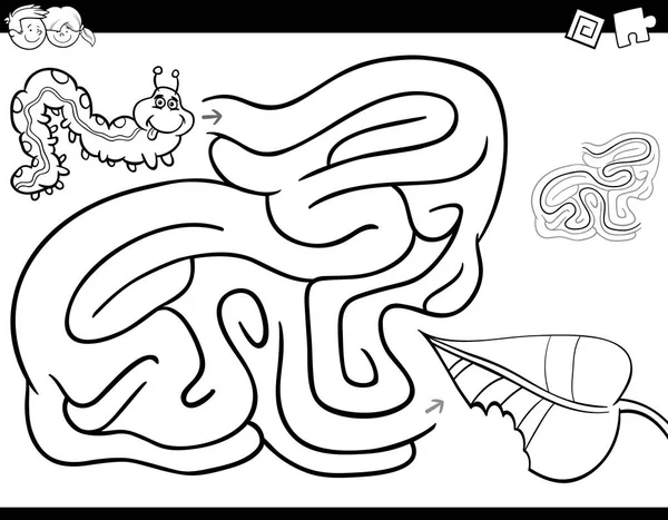 Labirint carte de colorat joc cu omidă și frunze — Vector de stoc