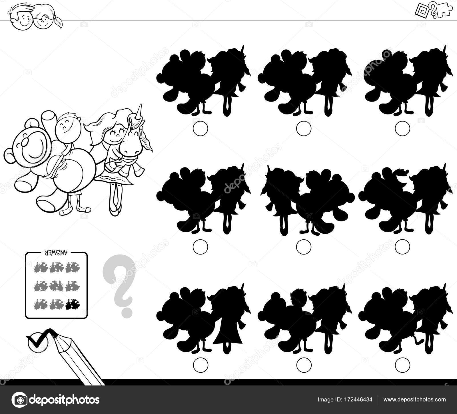Bianco e nero del fumetto di trovare l ombra senza differenze di attivit  educative per i bambini con i bambini e mascotte giocattoli personaggi libro da