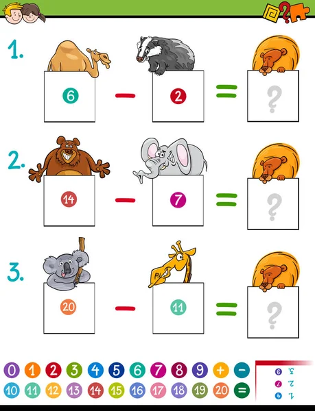 Matemáticas juego de resta con los animales — Archivo Imágenes Vectoriales