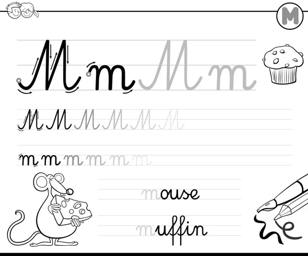 Aprender a escribir la letra M cuaderno de trabajo para niños — Vector de stock