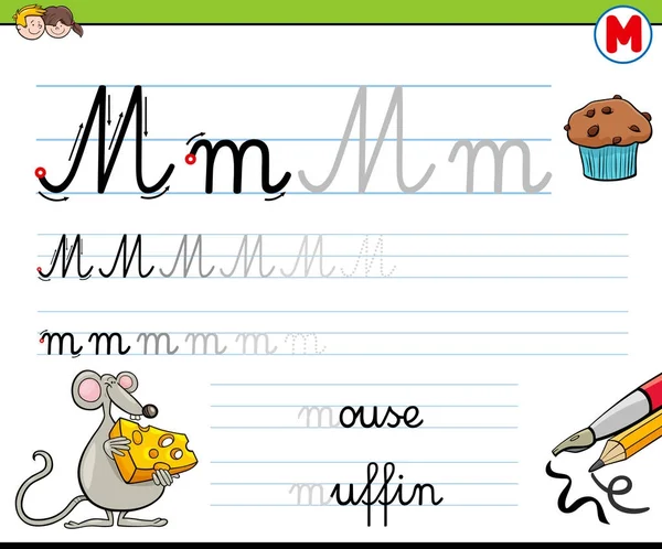 Hoe te schrijven letter M werkblad voor kinderen — Stockvector