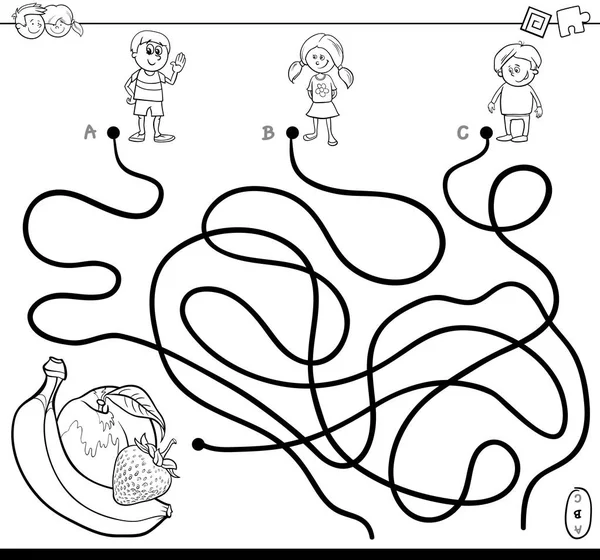 Labyrint med barnen och frukter målarbok — Stock vektor