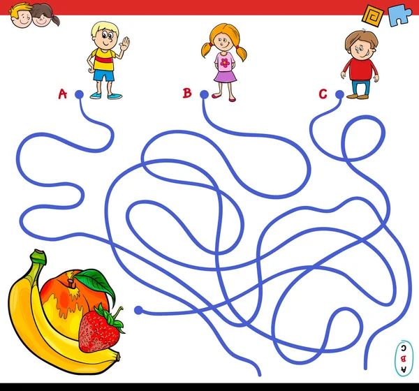 Sökvägar labyrint spel med barn och frukter — Stock vektor