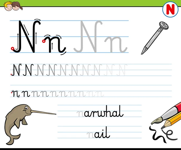 Como escrever a planilha da letra N para crianças — Vetor de Stock