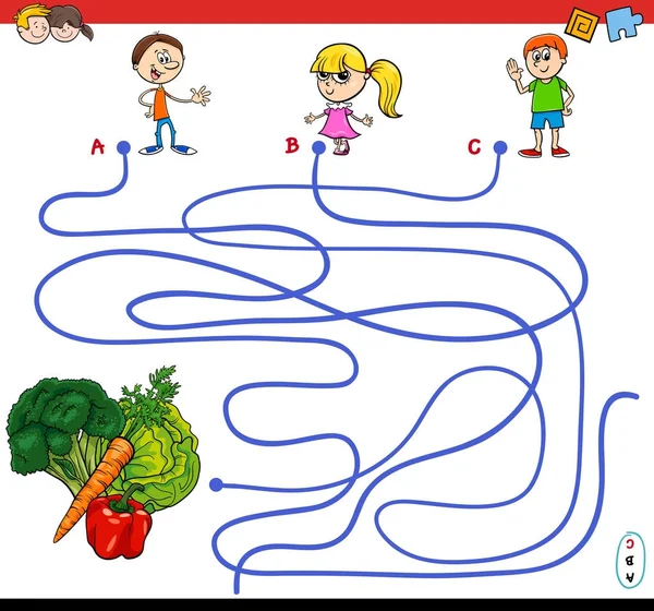 Caminhos labirinto jogo com crianças e legumes — Vetor de Stock