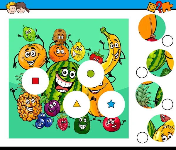 Partido piezas rompecabezas con personajes de frutas — Vector de stock