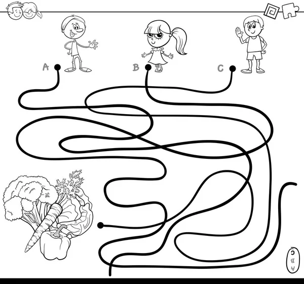 Labyrinthe avec enfants et légumes livre à colorier — Image vectorielle