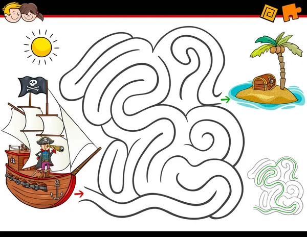 Atividade labirinto desenhos animados com pirata e tesouro — Vetor de Stock