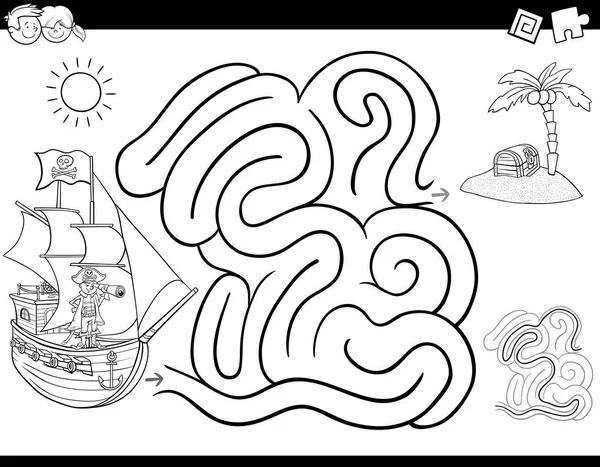 Labyrint spel målarbok med pirat — Stock vektor