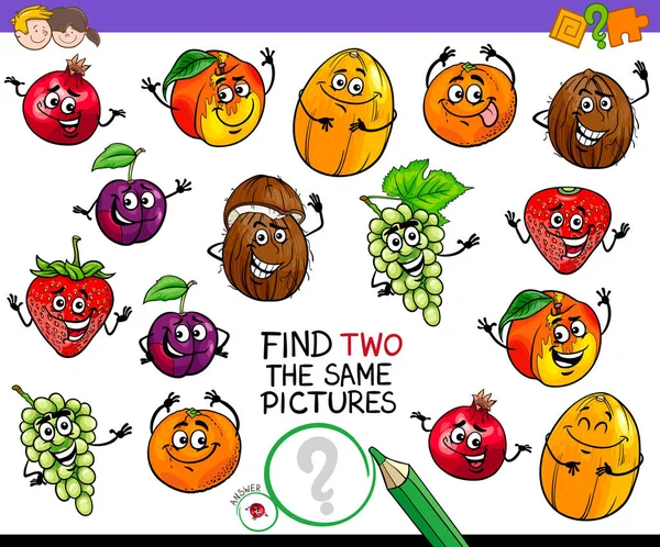 Encontrar dos los mismos personajes de frutas juego — Vector de stock