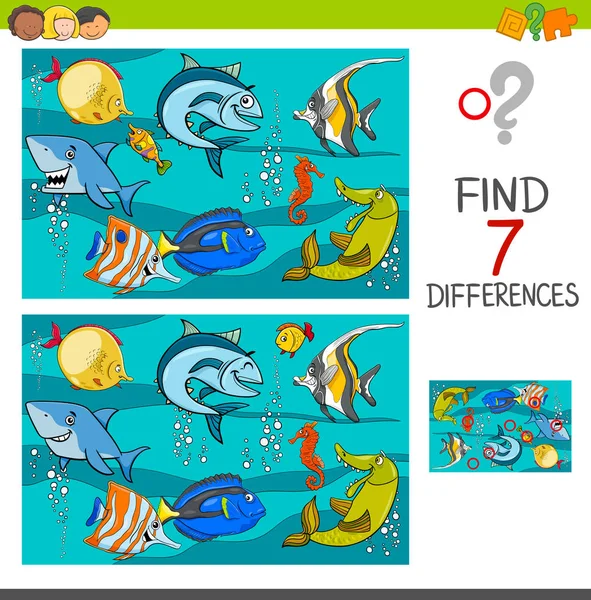 Diferencias juego con los personajes de peces — Vector de stock