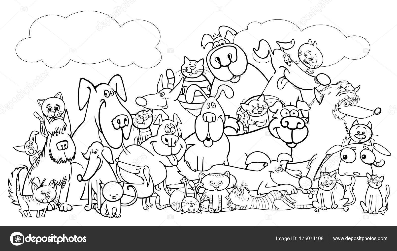 Desenho em preto e branco de um grupo de gatos para colorir e