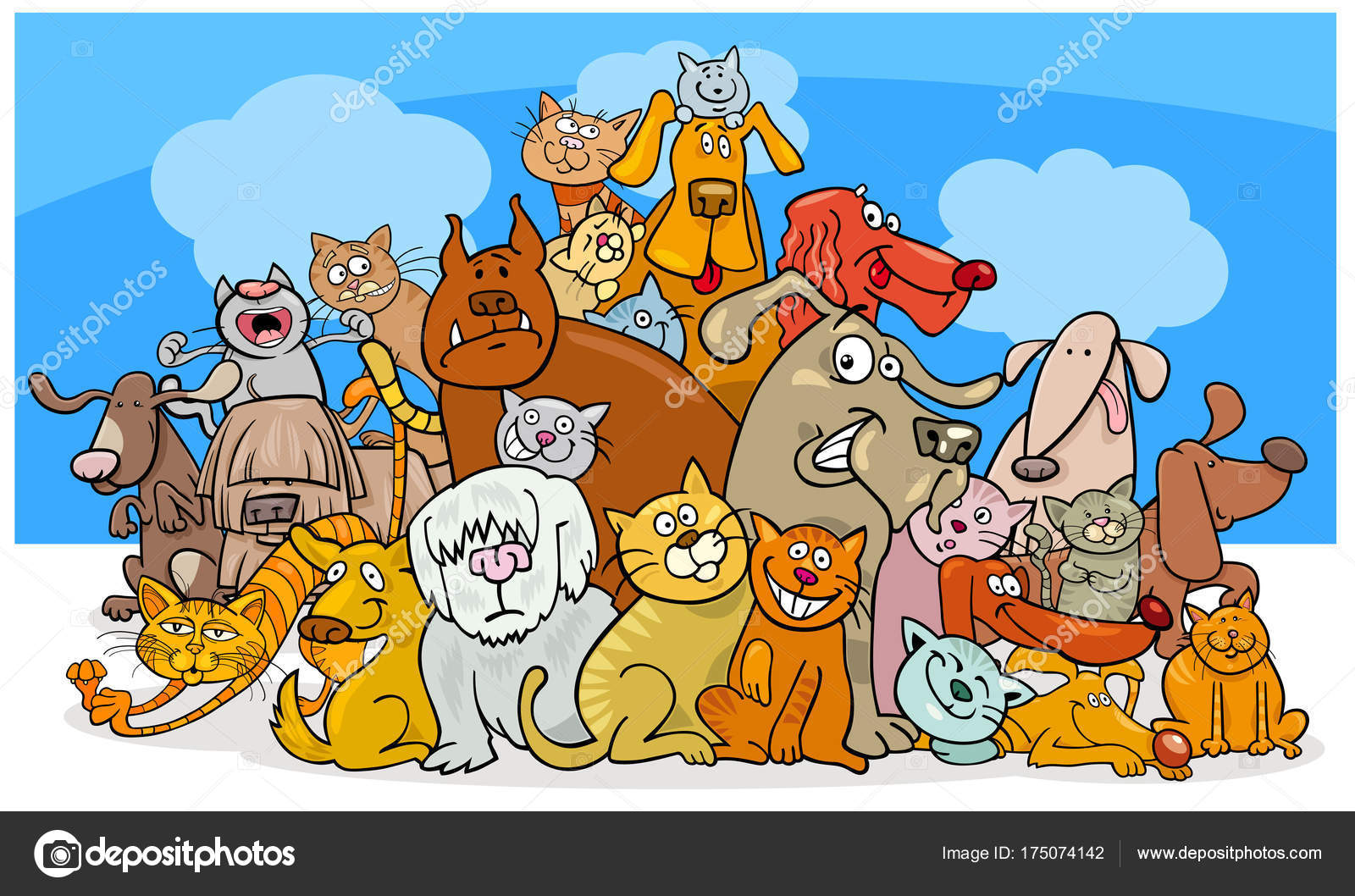 Grupo de personagens de quadrinhos de cães e gatos dos desenhos animados