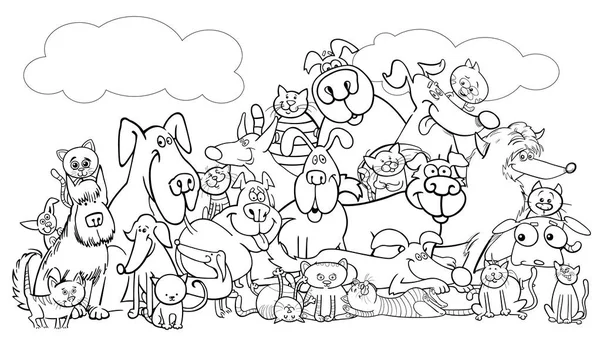 Desenho animado cão e gatos pet grupo livro de cores — Vetor de Stock