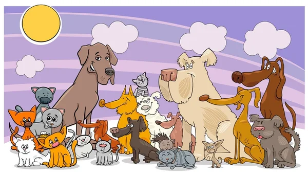 Dibujos animados divertido perro y gatos grupo — Vector de stock