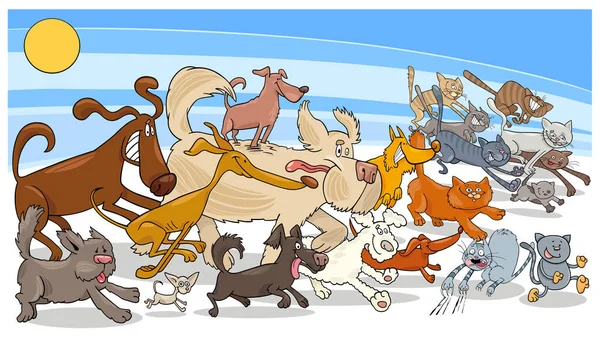 Bande dessinée courir chien et chats groupe — Image vectorielle