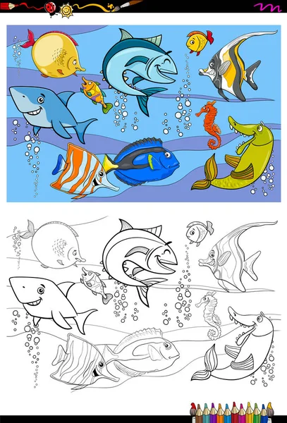 Peces personajes grupo color libro — Vector de stock