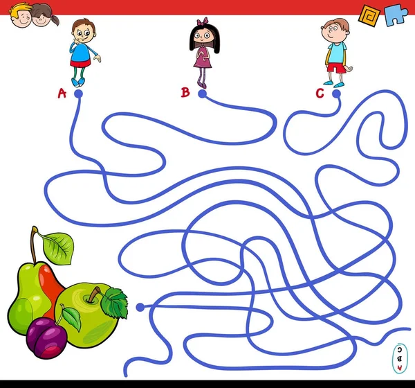 Percorsi labirinto gioco con i bambini e frutta — Vettoriale Stock