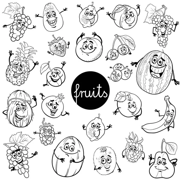 Cartoon fruits characters set color book — Stock Vector