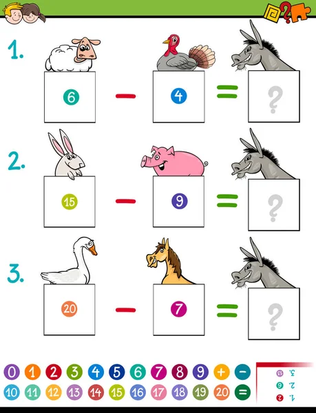 Matemáticas juego de resta con animales de granja — Vector de stock