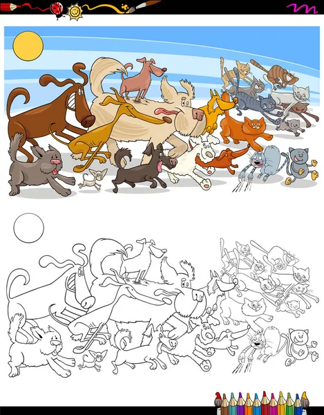 Correr perros y gatos personajes color libro — Archivo Imágenes Vectoriales