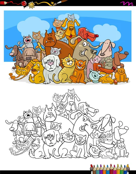 Gatos y perros personajes color libro — Vector de stock