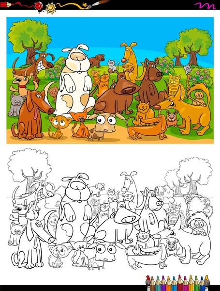 Perros y gatos personajes grupo color libro — Vector de stock