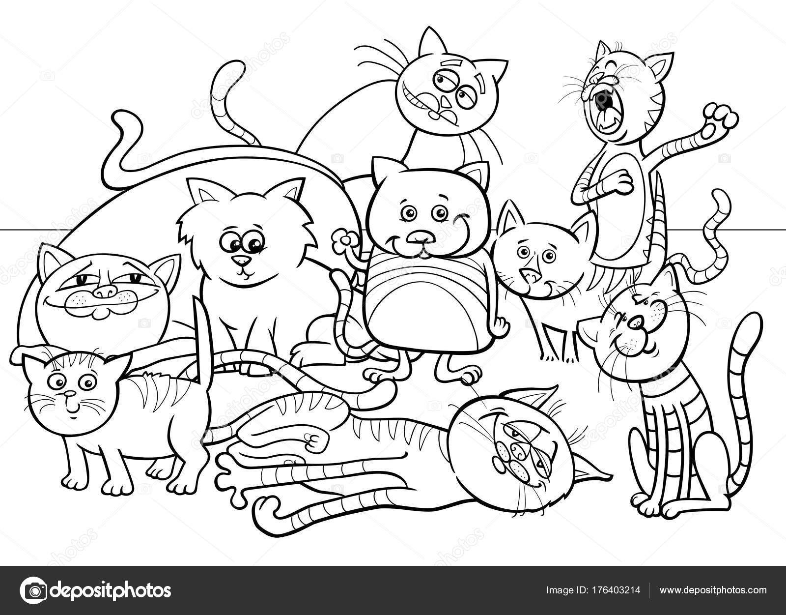 Gatos e gatinhos dos desenhos animados, conjunto de personagens de  quadrinhos para colorir página
