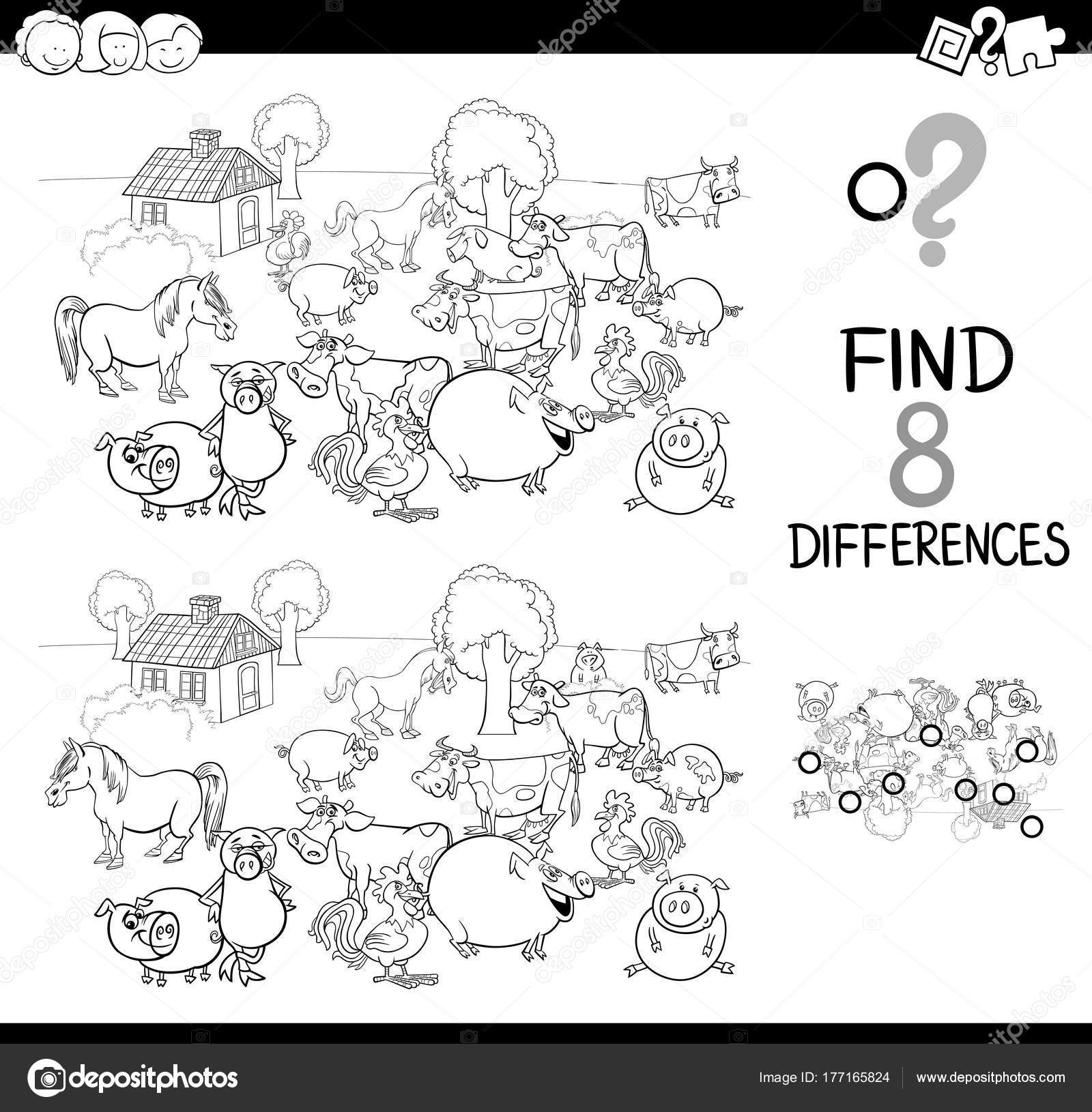 Bianco e nero del fumetto di trovare le differenze tra immagini gioco attivit  educativa per i bambini con il gruppo di caratteri di ic Farm Animal libro