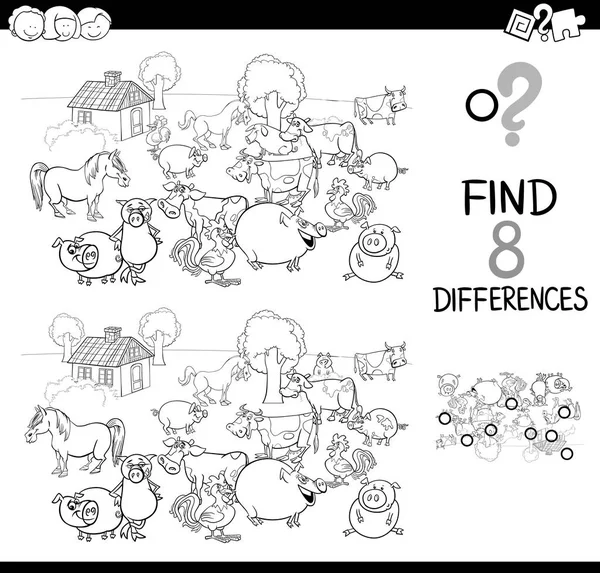 Juego de diferencias con animales de granja libro de color — Vector de stock