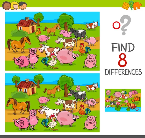 Çiftlik hayvan karakterleri ile farklılıklar oyunu — Stok Vektör