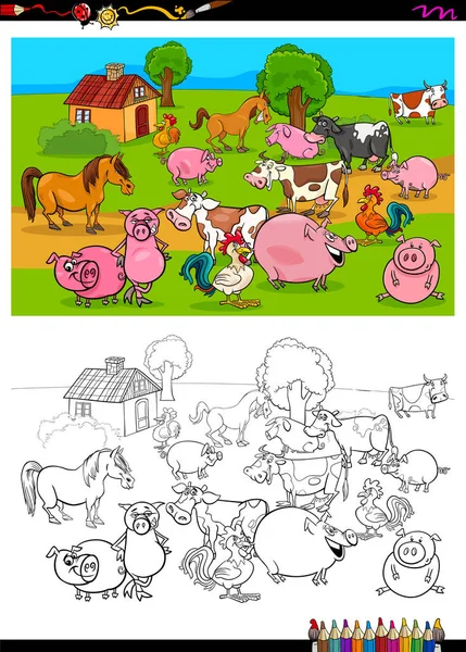 Animales de granja grupo de personajes libro para colorear — Vector de stock