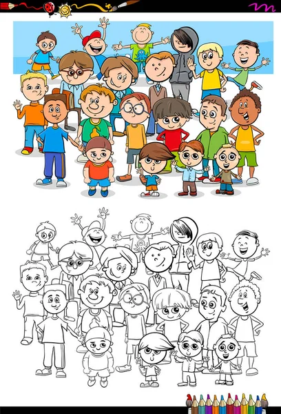 Ομάδα χαρακτήρες αγόρια χρωματίζοντας βιβλίο — Διανυσματικό Αρχείο