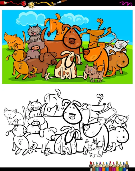 Groupe de caractères chats et chiens livre à colorier — Image vectorielle