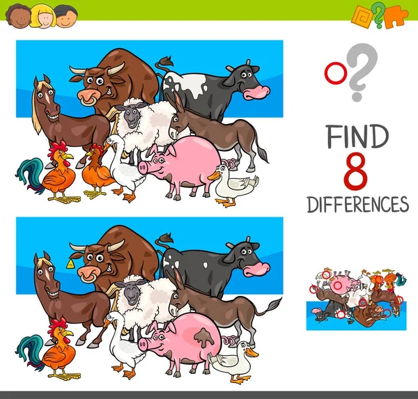 Trouver des différences avec les caractères des animaux de ferme — Image vectorielle