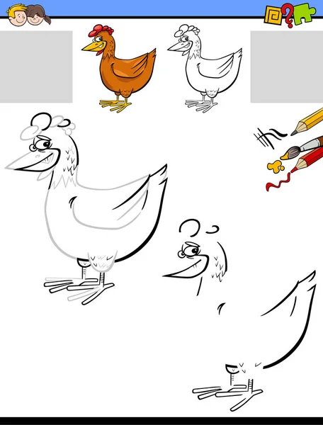 Foglio di lavoro di disegno e colorazione con pollo — Vettoriale Stock