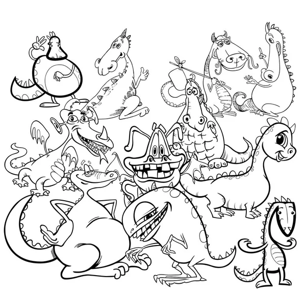 Desenhos animados dragão personagens grupo colorir livro —  Vetores de Stock