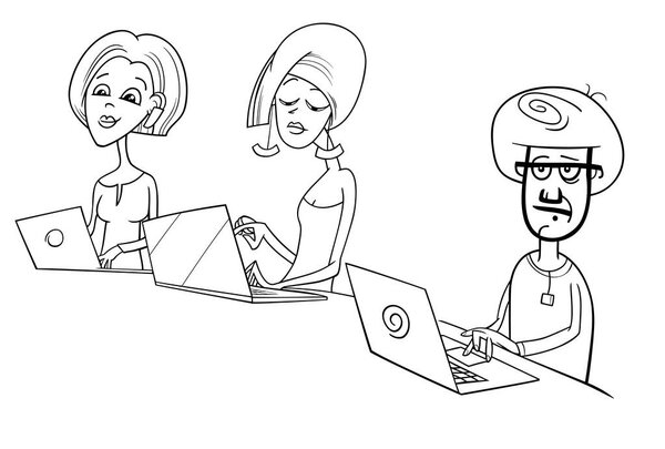 people working on laptops cartoon illustration