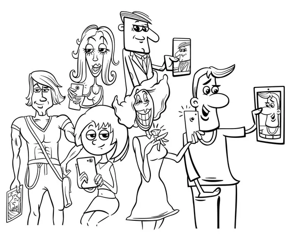 Gente de dibujos animados haciendo fotos selfie — Vector de stock