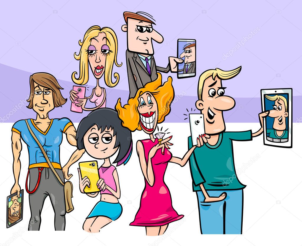 cartoon group of people doing selfie photos