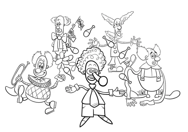 Klauni kreslené postavy skupiny omalovánky — Stockový vektor